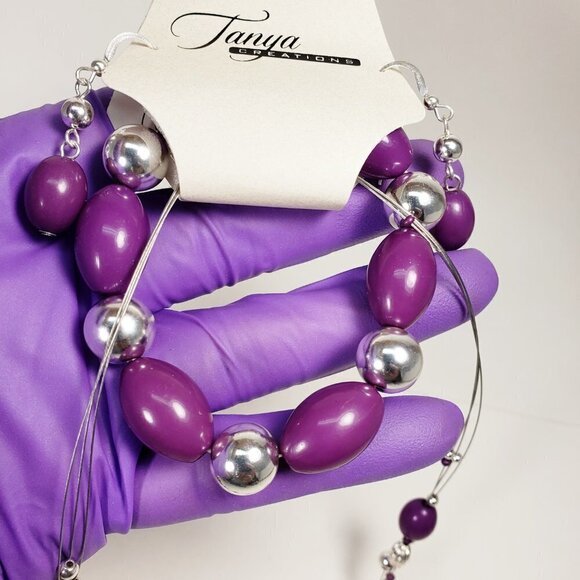 Chic Trio: Necklace, Earrings, Bracelet Silver Tone Purple & Beads Illusion set - Picture 3 of 8